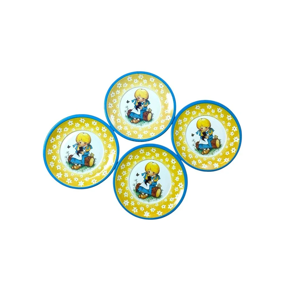 Vintage Tin Toy Plate Set 4pc Girl with Kittens Daisies Yellow Blue Metal Saucer